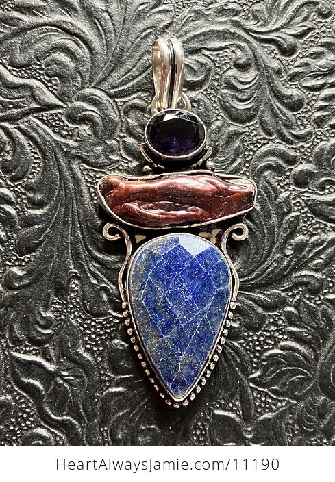 Faceted Lapis Lazuli Amethyst and Biwa Pearl Crystal Stone Pendant Charm - #OwnyAzLwRIk-6