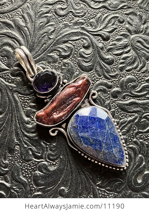 Faceted Lapis Lazuli Amethyst and Biwa Pearl Crystal Stone Pendant Charm - #OwnyAzLwRIk-7