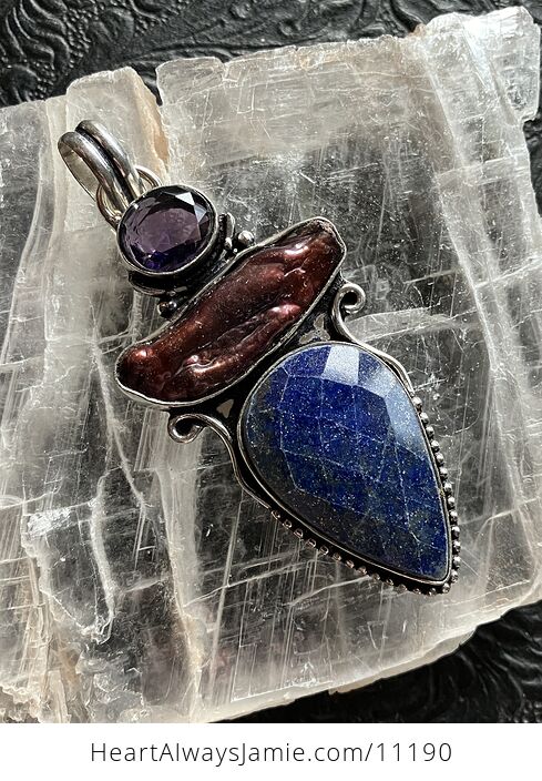 Faceted Lapis Lazuli Amethyst and Biwa Pearl Crystal Stone Pendant Charm - #OwnyAzLwRIk-1