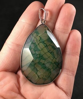 Faceted Metal Framed Green Dragon Veins Agate Stone Pendant #Fvx3C23AItI