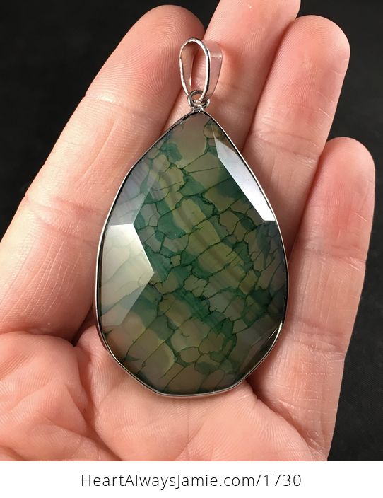 Faceted Metal Framed Green Dragon Veins Agate Stone Pendant - #Fvx3C23AItI-1