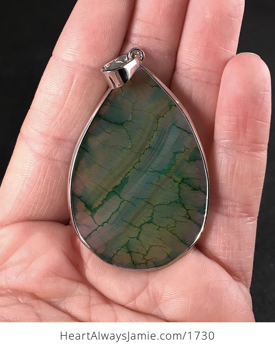 Faceted Metal Framed Green Dragon Veins Agate Stone Pendant Necklace - #Fvx3C23AItI-2