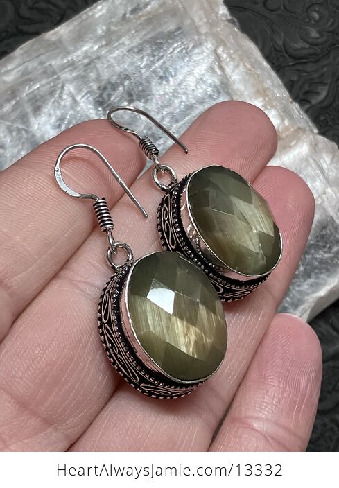 Faceted Olive Green Green Cats Eye Stone Crystal Jewelry Earrings - #XqS6zYsZHbo-1