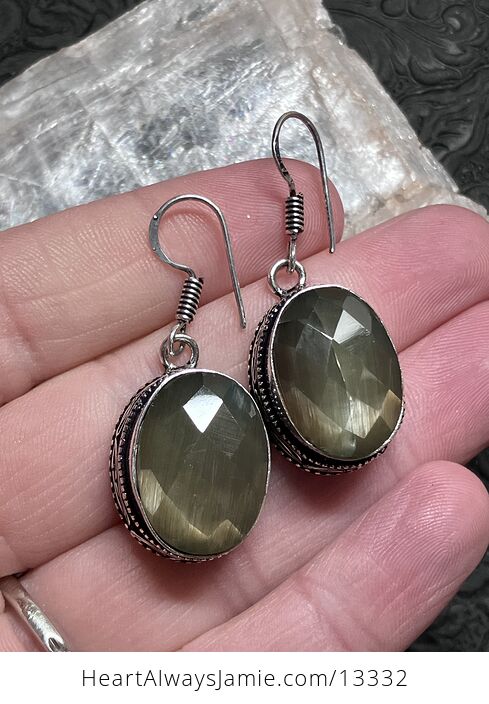 Faceted Olive Green Green Cats Eye Stone Crystal Jewelry Earrings - #XqS6zYsZHbo-2