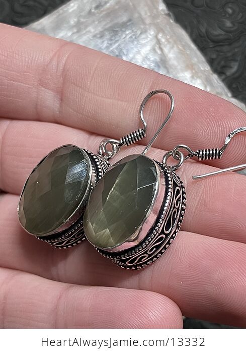 Faceted Olive Green Green Cats Eye Stone Crystal Jewelry Earrings - #XqS6zYsZHbo-3