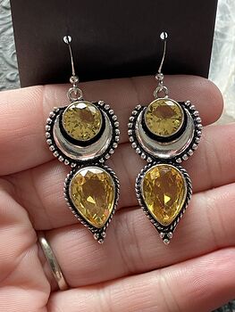 Faceted Yellow Gem Citrine Crystal Stone Jewelry Earrings with Crescent Moons #OkDxqgXeOQg