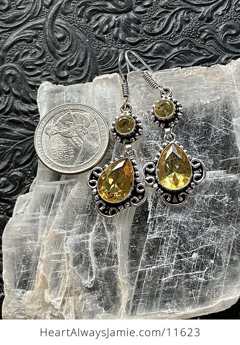 Faceted Yellow Gem Citrine Crystal Stone Jewelry Earrings with Hearts - #hpk6g37lgls-5