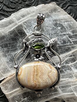 Fairy Themed Crazy Lace Agate and Faceted Peridot Gem Crystal Stone Pendant Charm #rGhS0L8T6o4