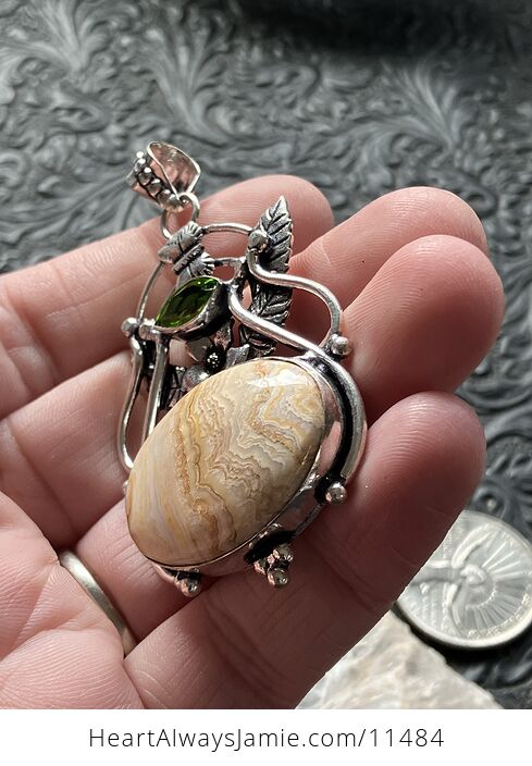 Fairy Themed Crazy Lace Agate and Faceted Peridot Gem Crystal Stone Pendant Charm - #rGhS0L8T6o4-4