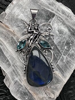 Fairy with a Natural Blue Flash Labradorite Stone and Faceted Gems Jewelry Crystal Pendant #CJBpLA1WfKk