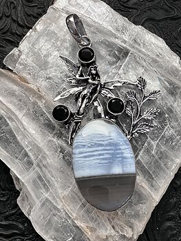 Fairy with a Natural Blue Owyhee Opal Stone and Faceted Black Gems Jewelry Crystal Pendant #xO7fPwOOTa8