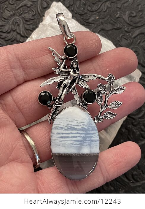 Fairy with a Natural Blue Owyhee Opal Stone and Faceted Black Gems Jewelry Crystal Pendant - #xO7fPwOOTa8-2