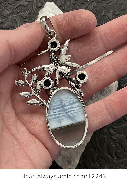 Fairy with a Natural Blue Owyhee Opal Stone and Faceted Black Gems Jewelry Crystal Pendant - #xO7fPwOOTa8-4