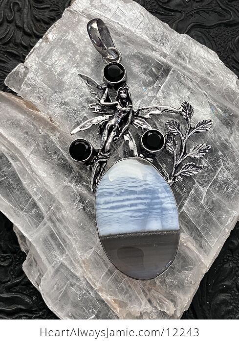 Fairy with a Natural Blue Owyhee Opal Stone and Faceted Black Gems Jewelry Crystal Pendant - #xO7fPwOOTa8-1