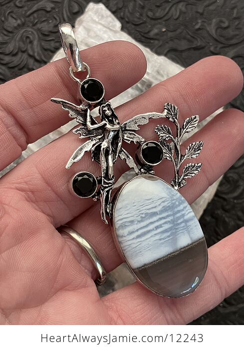 Fairy with a Natural Blue Owyhee Opal Stone and Faceted Black Gems Jewelry Crystal Pendant - #xO7fPwOOTa8-3