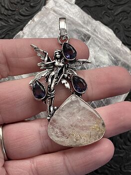 Fairy with a Natural Tourmalinated Quartz Stone and Faceted Amethyst Gems Jewelry Crystal Pendant #h4Cj1gw0UVU