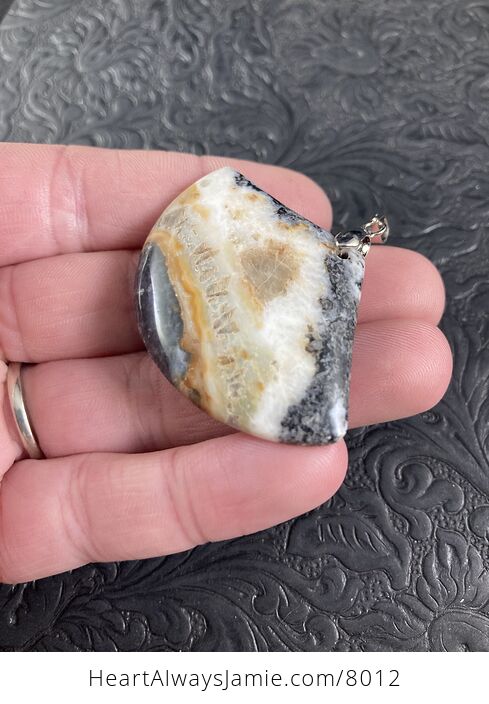Fan Shaped Black White Orange and Tan Natural Amazonite Jasper and Tourmaline Stone Pendant - #djvph1bU91Q-6
