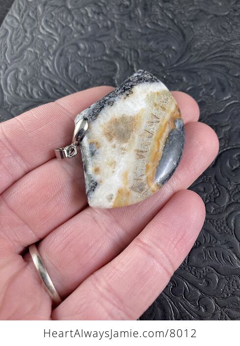 Fan Shaped Black White Orange and Tan Natural Amazonite Jasper and Tourmaline Stone Pendant - #djvph1bU91Q-7