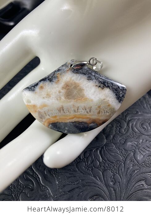 Fan Shaped Black White Orange and Tan Natural Amazonite Jasper and Tourmaline Stone Pendant - #djvph1bU91Q-2