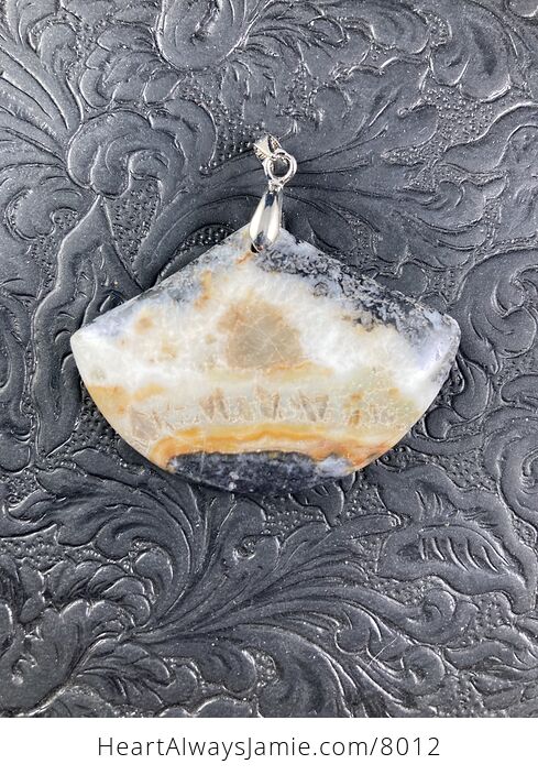Fan Shaped Black White Orange and Tan Natural Amazonite Jasper and Tourmaline Stone Pendant - #djvph1bU91Q-4