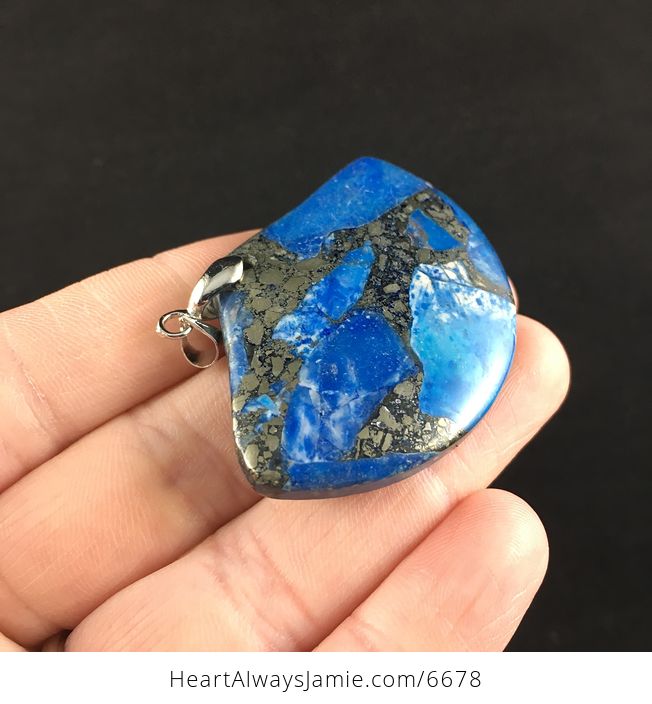 Fan Shaped Blue Turquoise and Pyrite Stone Jewelry Pendant - #fK6E0UaX2xY-4