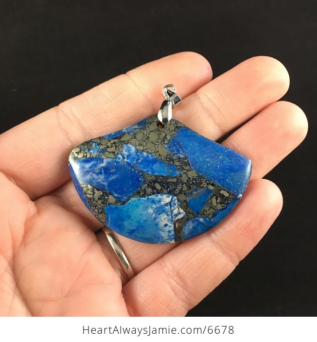 Fan Shaped Blue Turquoise and Pyrite Stone Jewelry Pendant - #fK6E0UaX2xY-1