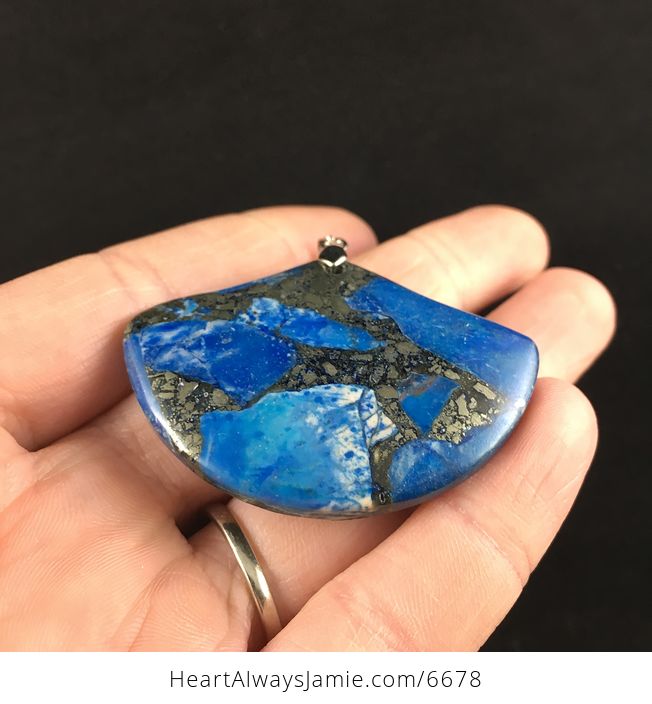 Fan Shaped Blue Turquoise and Pyrite Stone Jewelry Pendant - #fK6E0UaX2xY-2