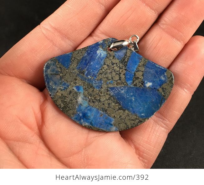 Fan Shaped Gray Pyrite and Blue Stone Pendant Necklace - #TpX0Ee2dIwM-2