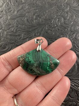 Fan Shaped Green Malachite and Pyrite Crystal Stone Jewelry Pendant #mobEEZN2i4I