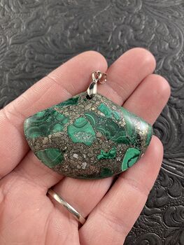 Fan Shaped Green Malachite and Pyrite Crystal Stone Jewelry Pendant #ushL4BIK9tA