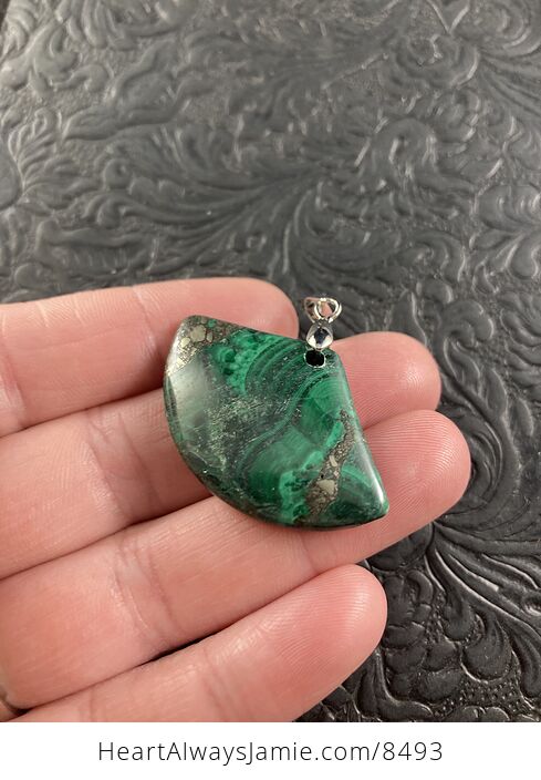 Fan Shaped Green Malachite and Pyrite Crystal Stone Jewelry Pendant - #mobEEZN2i4I-2