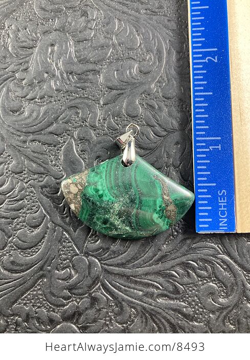 Fan Shaped Green Malachite and Pyrite Crystal Stone Jewelry Pendant - #mobEEZN2i4I-5