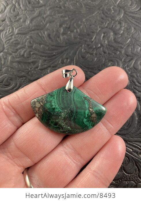 Fan Shaped Green Malachite and Pyrite Crystal Stone Jewelry Pendant - #mobEEZN2i4I-1