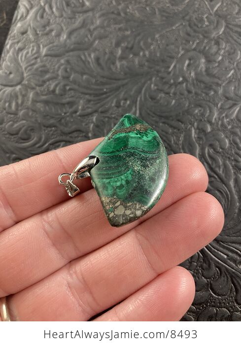 Fan Shaped Green Malachite and Pyrite Crystal Stone Jewelry Pendant - #mobEEZN2i4I-3