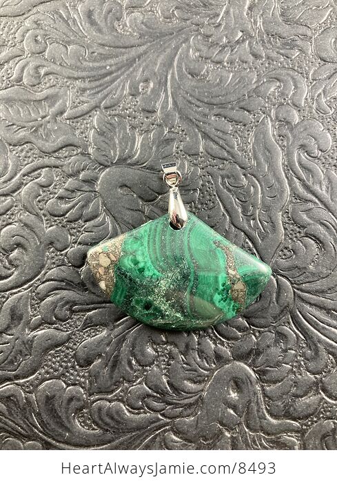 Fan Shaped Green Malachite and Pyrite Crystal Stone Jewelry Pendant - #mobEEZN2i4I-4