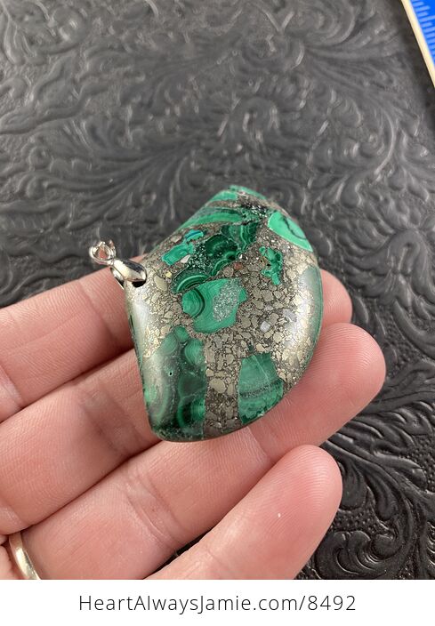 Fan Shaped Green Malachite and Pyrite Crystal Stone Jewelry Pendant - #ushL4BIK9tA-3