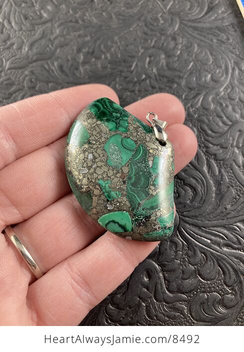 Fan Shaped Green Malachite and Pyrite Crystal Stone Jewelry Pendant - #ushL4BIK9tA-2