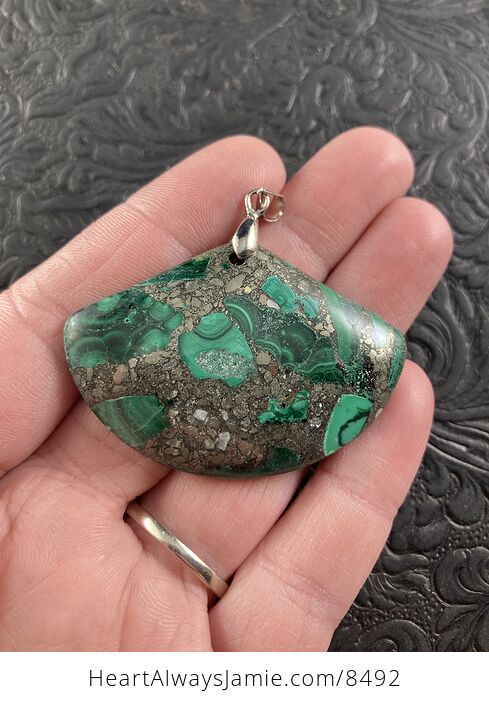 Fan Shaped Green Malachite and Pyrite Crystal Stone Jewelry Pendant - #ushL4BIK9tA-1