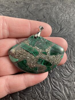 Fan Shaped Green Malachite and Pyrite Stone Jewelry Crystal Pendant #PcFnH6U2hQ8