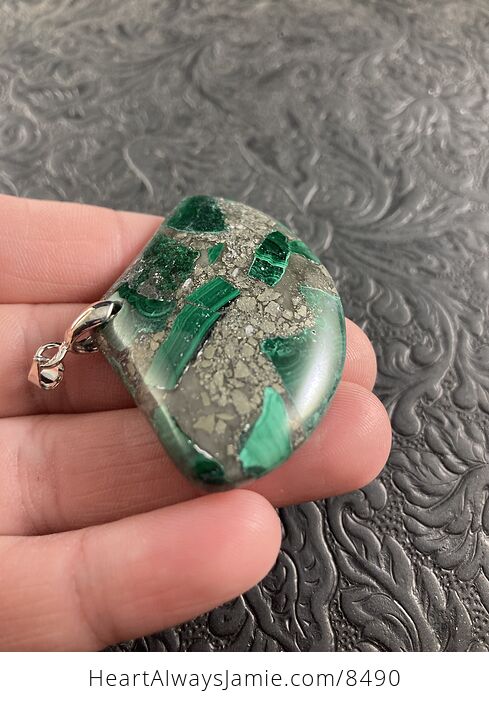 Fan Shaped Green Malachite and Pyrite Stone Jewelry Crystal Pendant - #PcFnH6U2hQ8-3