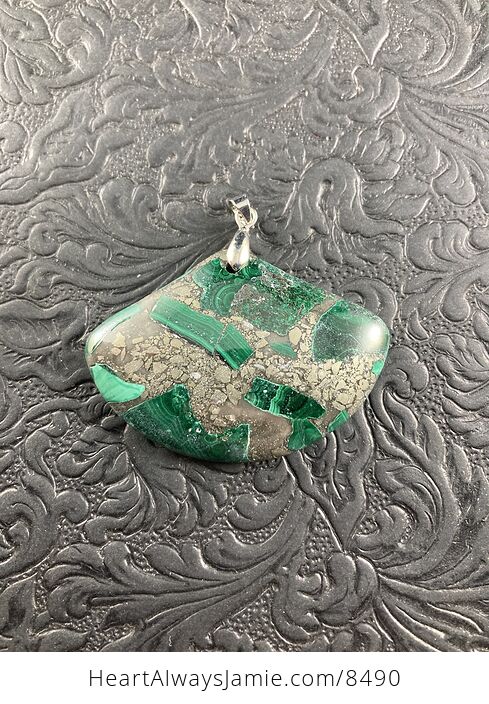 Fan Shaped Green Malachite and Pyrite Stone Jewelry Crystal Pendant - #PcFnH6U2hQ8-4