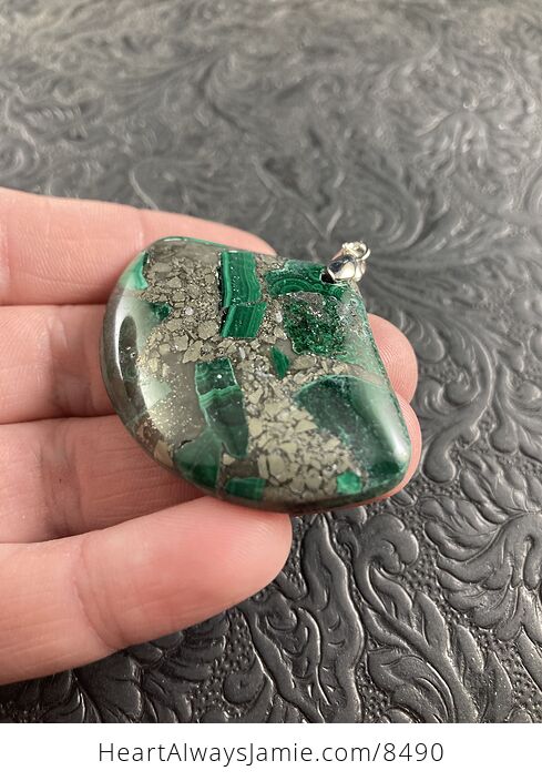 Fan Shaped Green Malachite and Pyrite Stone Jewelry Crystal Pendant - #PcFnH6U2hQ8-2