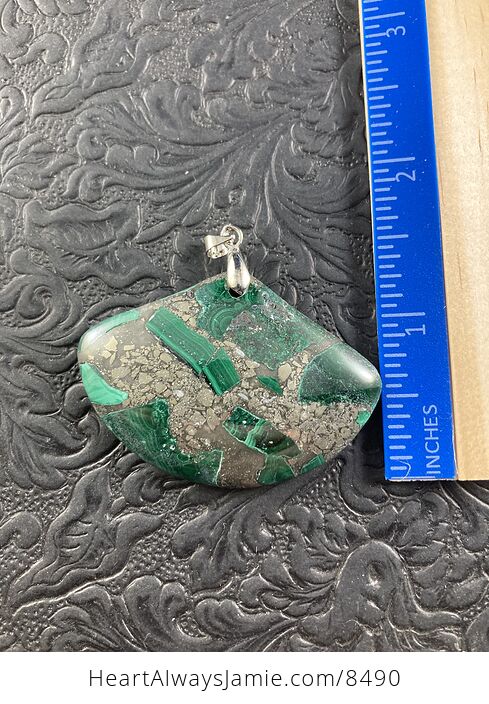 Fan Shaped Green Malachite and Pyrite Stone Jewelry Crystal Pendant - #PcFnH6U2hQ8-5