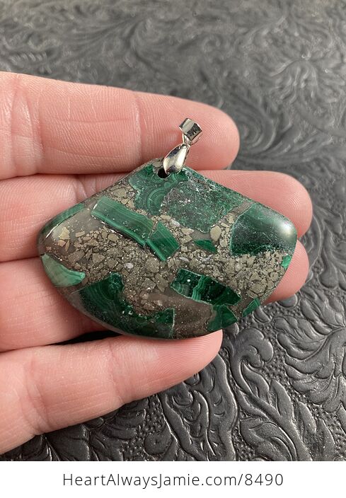 Fan Shaped Green Malachite and Pyrite Stone Jewelry Crystal Pendant - #PcFnH6U2hQ8-1
