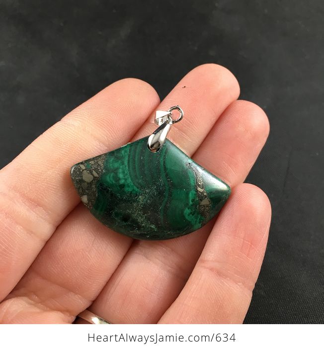 Fan Shaped Green Malachite Stone and Pyrite Pendant - #CZOM881ftbA-1
