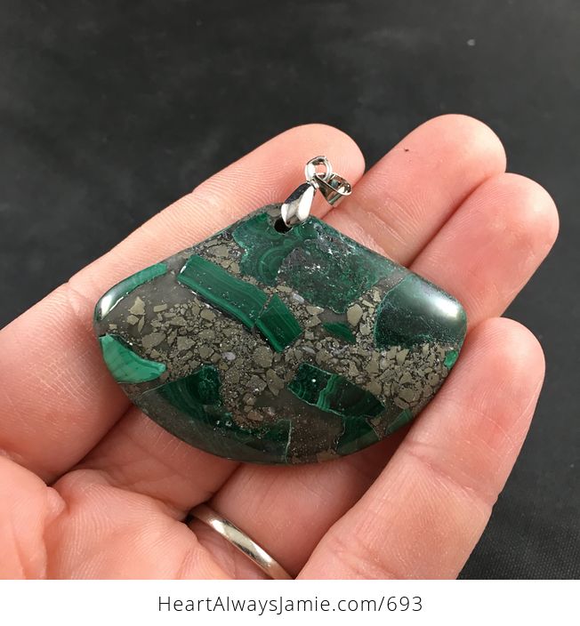 Fan Shaped Green Malachite Stone and Pyrite Pendant - #YlkOmvh548o-1