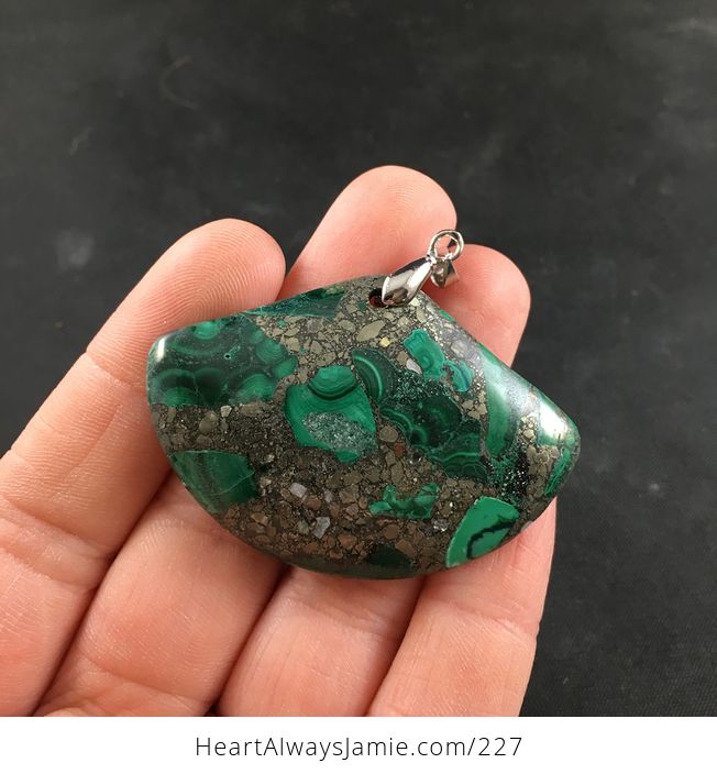 Fan Shaped Green Malachite Stone and Pyrite Pendant - #ypQYLx7hD0c-1