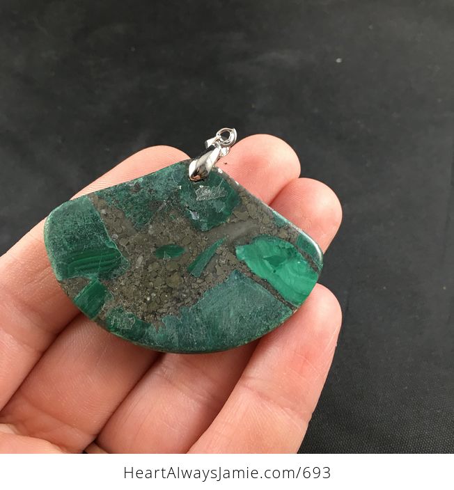 Fan Shaped Green Malachite Stone and Pyrite Pendant Necklace - #YlkOmvh548o-2