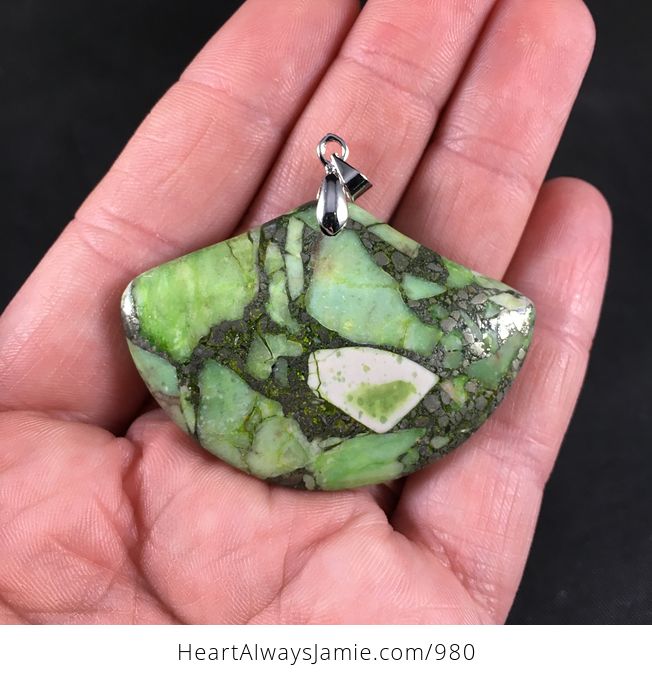 Fan Shaped Green Matrix Pyrite Stone Pendant - #eZzqKBXsNrE-1