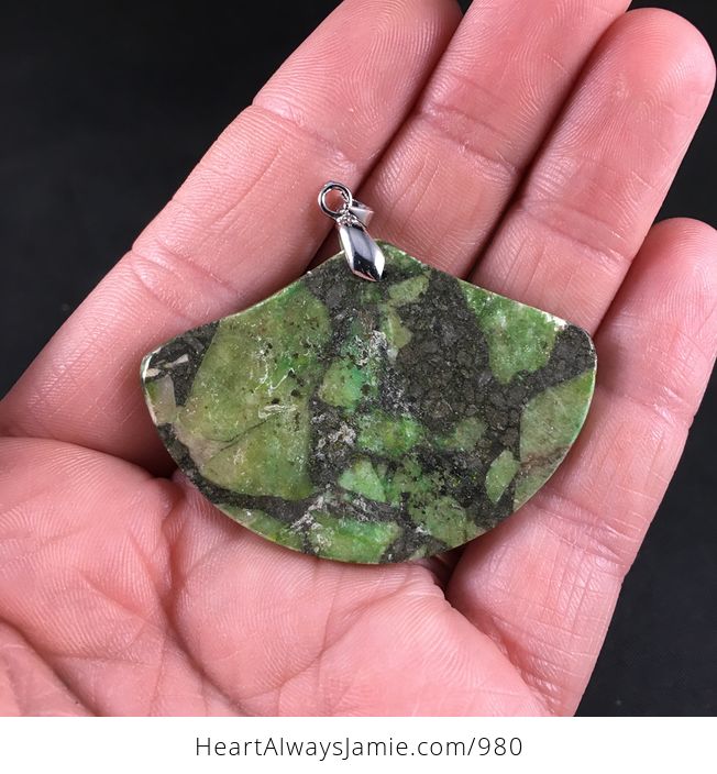 Fan Shaped Green Matrix Pyrite Stone Pendant Necklace - #eZzqKBXsNrE-2